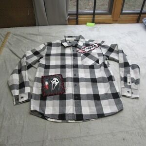 Ghost Face‎ Shirt Men Small White Check Horror Movie Patch Long Sleeve Flannel